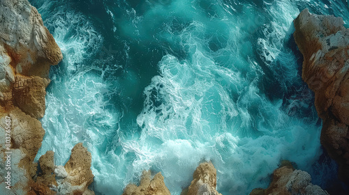 An aerial view of the ocean waves crashing against rocks  creating splashes and ripples in shades of blue and white. Created with Ai 
