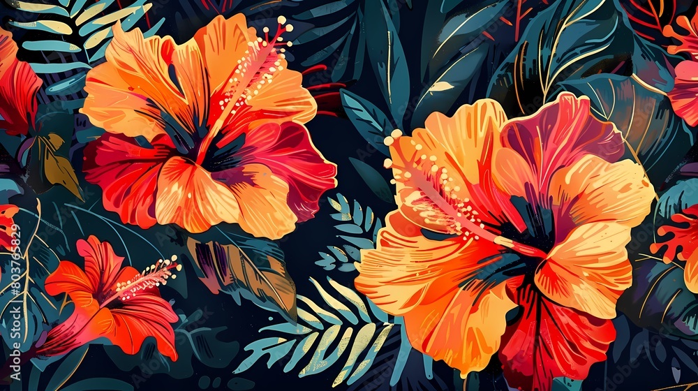 orange hibiscus flowers illustration poster background