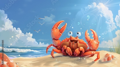 Character, cartoon crab on the sandy beach. Abstract illustration. cartoons. Illustrations photo
