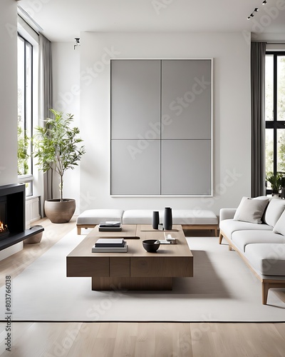  Scandinavian interior design of modern living room  home with fireplace and big poster frame. 