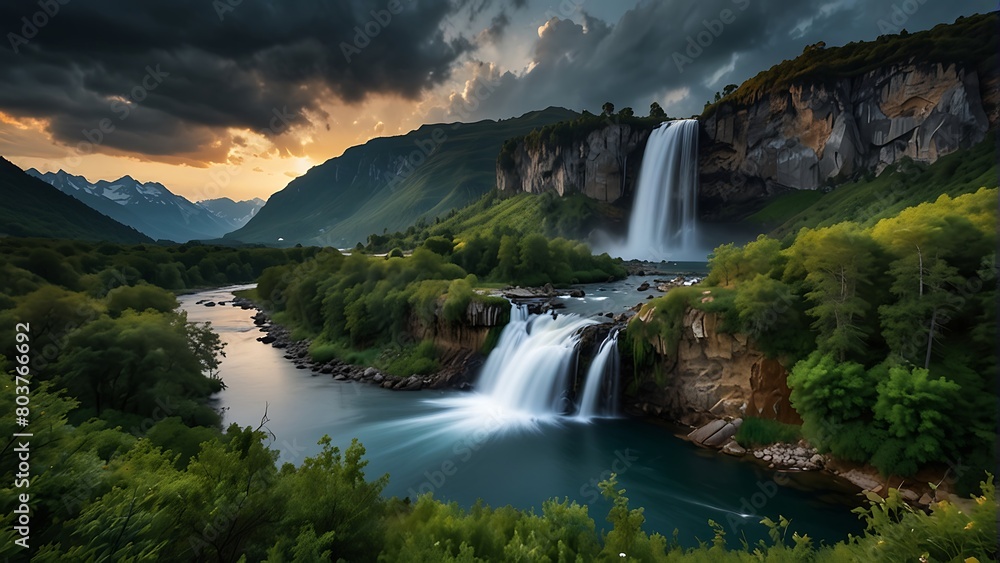 waterfall in the mountains Nature's Masterpiece Breathtaking Landscape