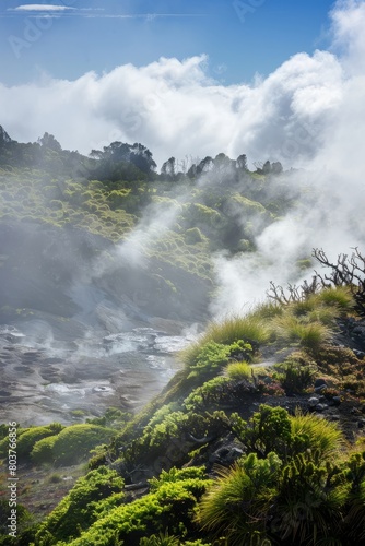 Step into the surreal beauty of a volcanic crater  where steaming vents and bubbling mud pools create an otherworldly landscape of  Generative AI