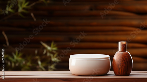A wooden table with a white bowl and a bottle of perfume on it