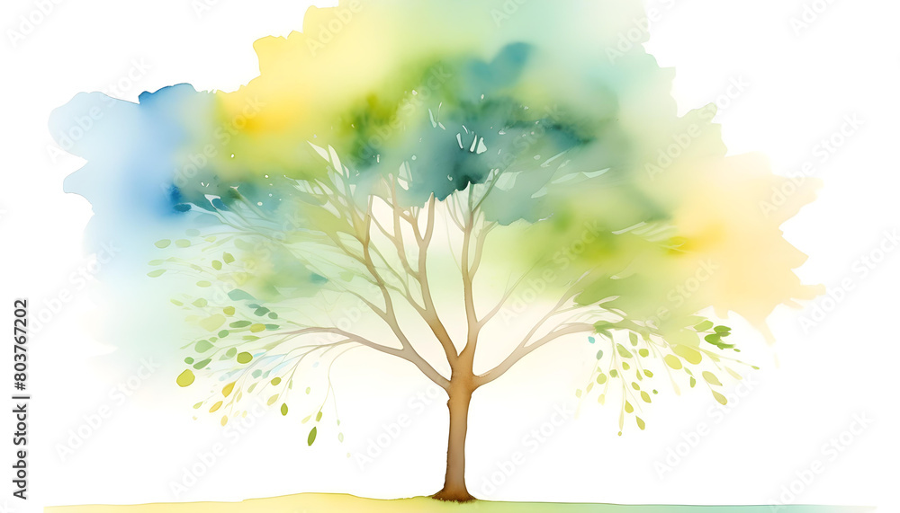 A watercolor painting of a single tree against a soft blue and green background A watercolor painting of a single tree against a soft blue and green background