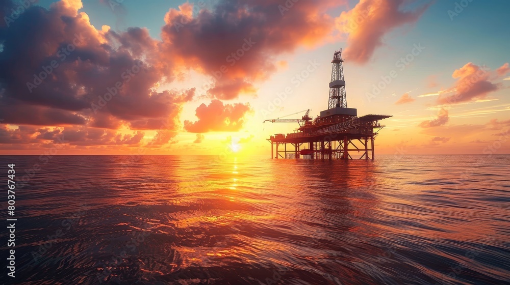 Oil Rig at Sunset. Industrial Energy Platform 