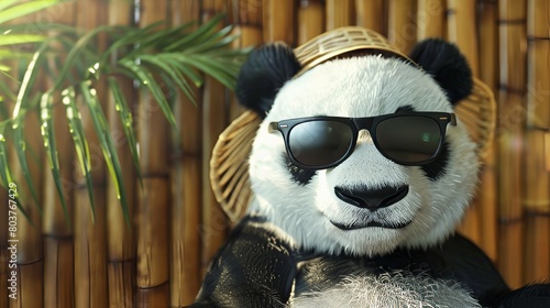 Lustiger Panda mit Sonnenbrille Hut und Sektglas, 3D Illustration. cartoons. Illustrations photo