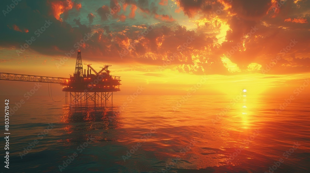 Oil Rig at Sunset. Industrial Energy Platform 