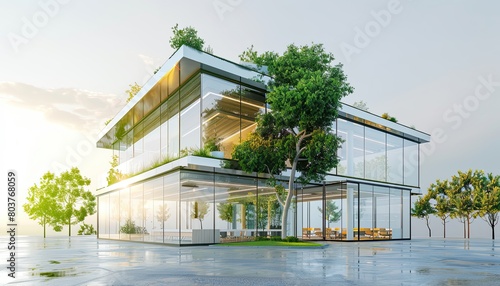 Sustainable green building Eco-friendly building Sustainable glass office building with tree for reducing carbon dioxide Office with green photo