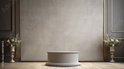 A white pedestal with a vase of flowers on top of it