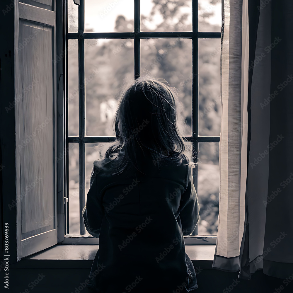 Brown color black and white scene with The girl is seen from behind looking out the window,in evening time Brown color black and white scene with The girl is seen from behind looking out the window,in evening time