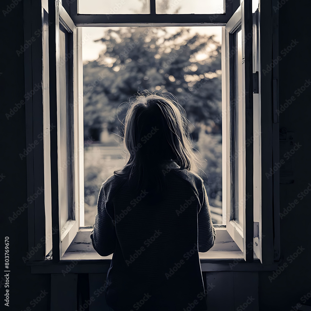 Brown color black and white scene with The girl is seen from behind looking out the window,in evening time Brown color black and white scene with The girl is seen from behind looking out the window,in evening time