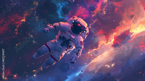 Artistic Style Painting Drawing of Spaceman Astronaut Floating in the Space Chilling in the Galaxy Aspect 16:9 © Kevin