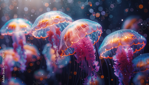 A group of jellyfish in the sea. Created with Ai