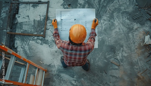 op view of architectural engineer working on his blueprints with documents on construction site meeting discussingdesigning planing roof plan