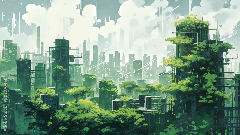 Illustration of a futuristic urban landscape blending towering skyscrapers with lush greenery and gardens, highlighting a vision of sustainable cities.
