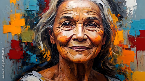 Colorful painting portrait old women with painted face abstract background design illustration. 