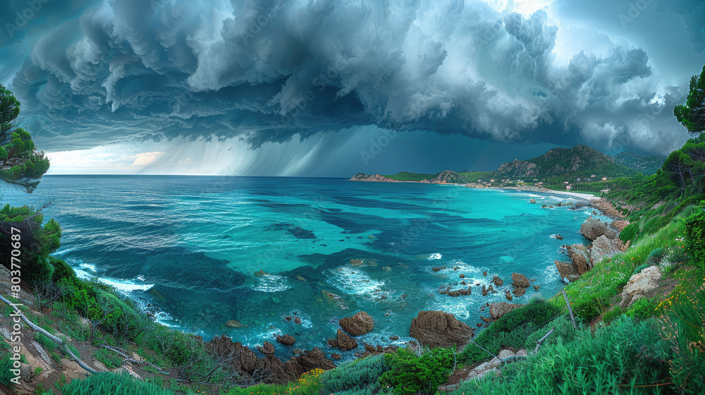  A breathtaking panoramic view of the azure sea, with dark storm clouds gathering over it and sunlight breaking through them to light up an exotic island in vibrant colors.