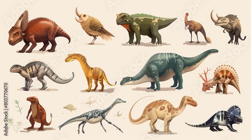 Collection of extinct animals with names. List of mammals, birds and sea creatures that ceased to exist. animals. Illustrations © LofiAnimations
