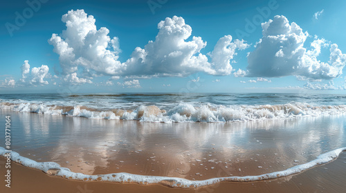 panoramic photo of a beautiful beach with a blue sky and white clouds. Created with Ai