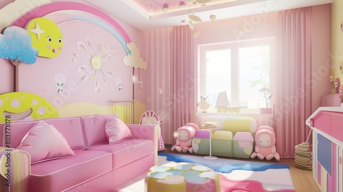 A living room design with sofa and couch on cartoon theme and with pastel color scheme. cartoons. Illustrations