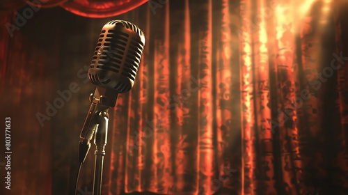 An elegant vintage microphone on a classic stand, spotlighted on a dark stage with velvet curtains, perfect for an upscale performance or show photo