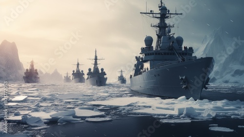  Warships Navigating Icy Arctic Waters. Arctic Naval Exercise. 