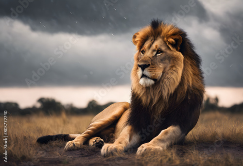 A majestic lion sits under a stormy sky  its mane highlighted against the dark clouds. World Lion Day.