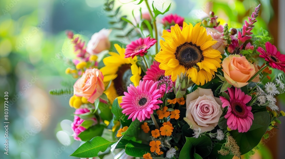 Mixed Flowers with Green Background. Bouquet of Sunflowers and Roses Mixed Flowers with Green Background. Bouquet of Sunflowers and Roses