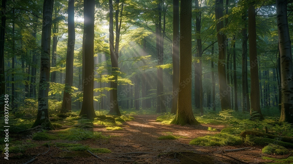 Naklejka premium Forest in Spring with Golden Sunlight Filtering Through Foliage