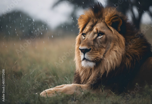 A majestic lion lying in the grass under a light rain  with a serene expression and a powerful gaze. World Lion Day.