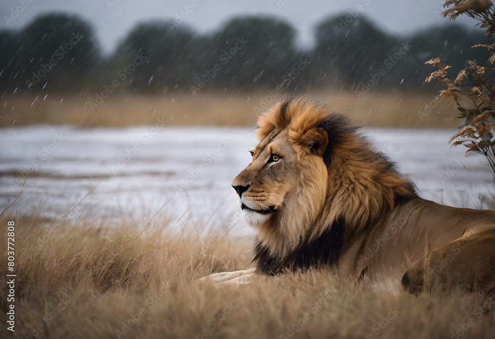 A majestic lion with a full mane lies in the grass, gazing into the distance under a rainy sky. World Lion Day.