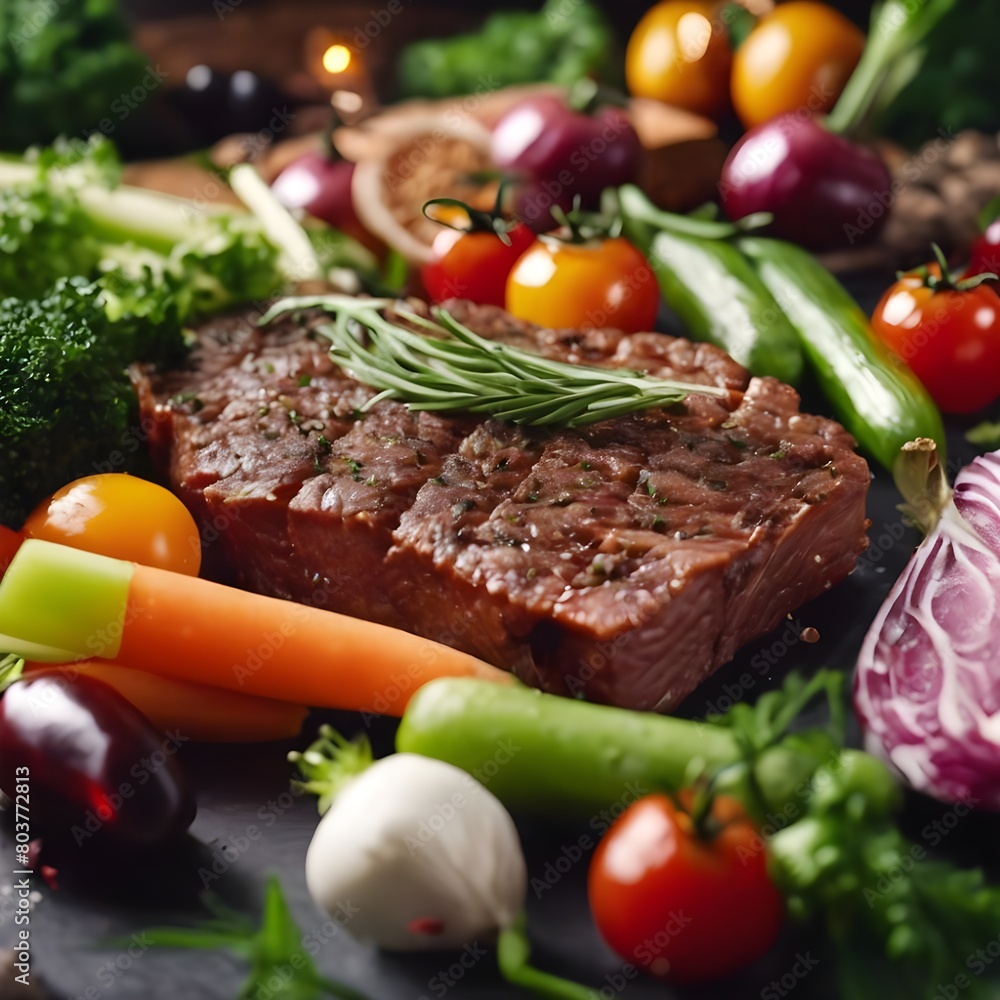 Close-up of fresh vegetables, meat and delicious food