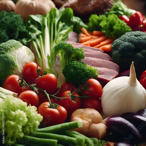 Close-up of fresh vegetables, meat and delicious food