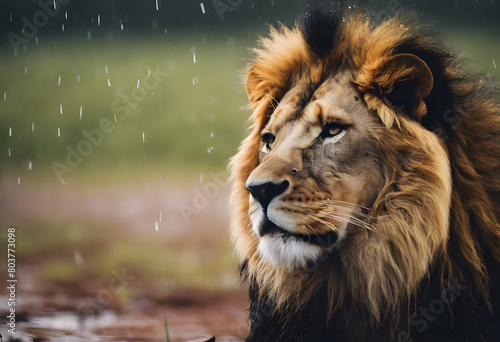 Majestic lion with a full mane sitting under rain, looking to the side in a natural setting. World Lion Day.