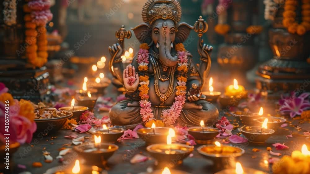 Lively Ganesha Surrounded by lights, diyas and decorations. It emphasizes their role in Hindu religious celebrations.
