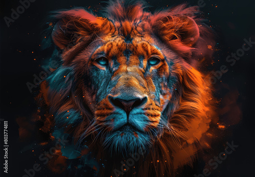 A majestic lion with vibrant fur  a closeup portrait with glowing eyes and a piercing gaze. Created with Ai