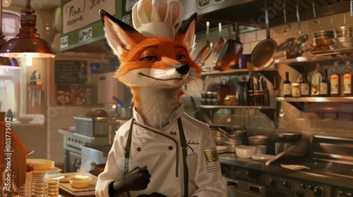 An anthropomorphic fox in a chef's hat and coat stands in a restaurant kitchen. animals. Illustrations photo