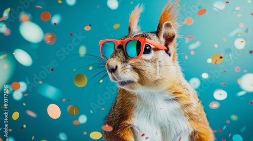 Creative animal concept. Squirrel in glam fashionable couture high end outfits isolated on bright background advertisement, copy space. birthday party invite invitation banner. animals. Illustrations