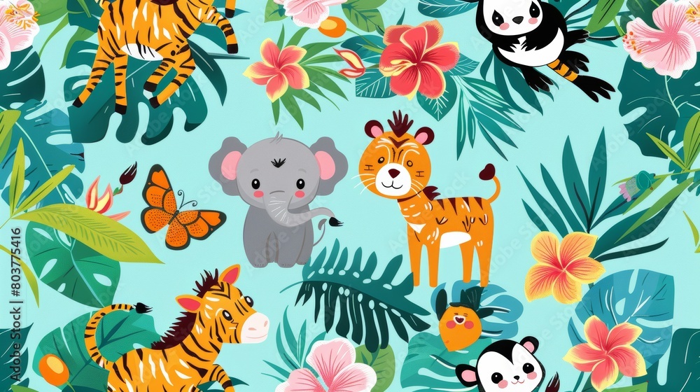 Seamless pattern with cute tropical animals. animals. Illustrations Seamless pattern with cute tropical animals. animals. Illustrations
