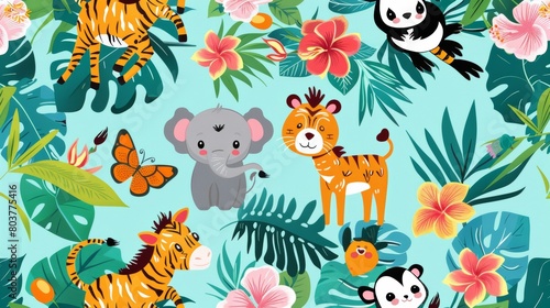 Seamless pattern with cute tropical animals. animals. Illustrations