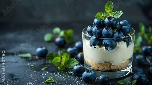Sweet Dessert from mascarpone or ricotta cheese, blueberries and biscuit in glass on a dark background ai generative