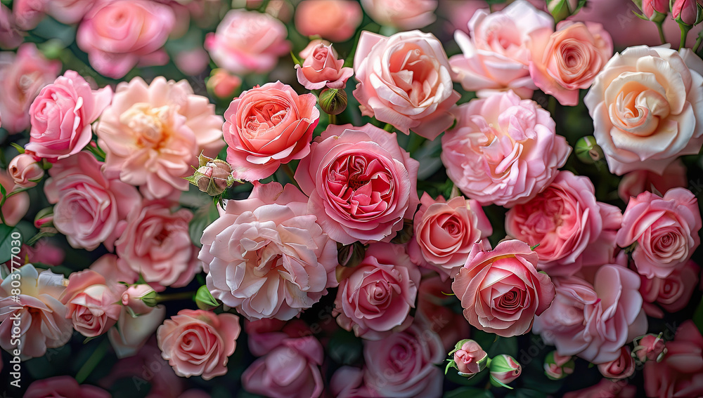  A vibrant display of pink and peach roses, with their soft hues creating an enchanting floral arrangement. Created with Ai