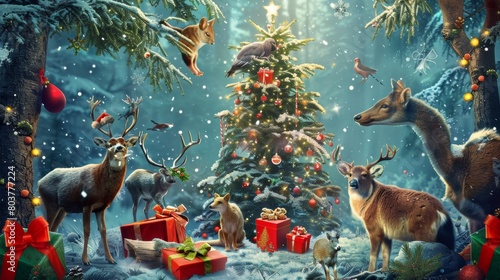 Fototapeta Naklejka Na Ścianę i Meble -  in the forest there is a christmas tree surrounded with gifts and animals. animals. Illustrations