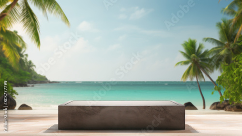 A large stone slab sits on a beach near the ocean