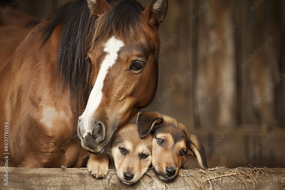 Obraz premium Horse and puppies leaning over farm fence in barn, farm animals concept, Generative AI