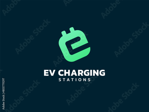 Electric vehicle charging letter e with EV Plug Connector Symbol logo vector design concept. Letter E logotype symbol for Electric Car, EV station, ui, web, ev business, infographic, new technology.