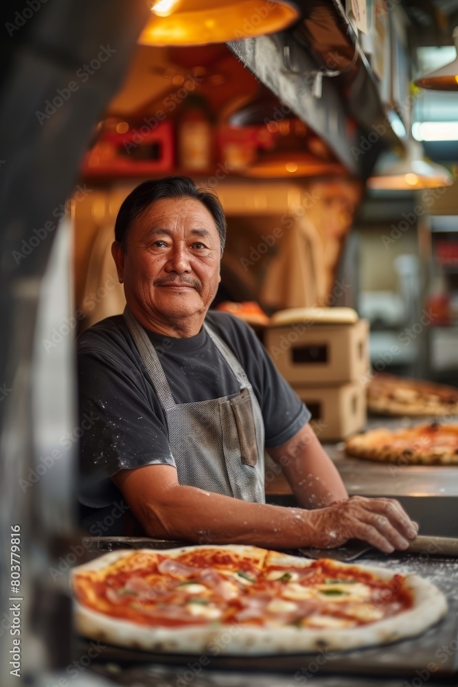 A man is standing in front of a pizza oven with a smile on his face