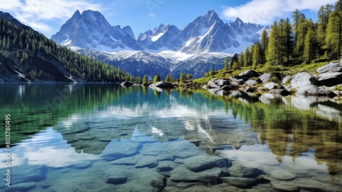 Peaceful alpine lake with reflections of snowy peaks, clear blue water and crisp air,