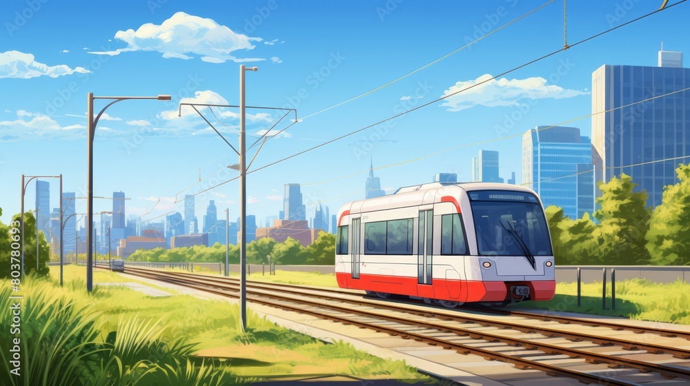 Fototapeta premium Vacant urban light rail track, modern cityscape in the background, clear day,