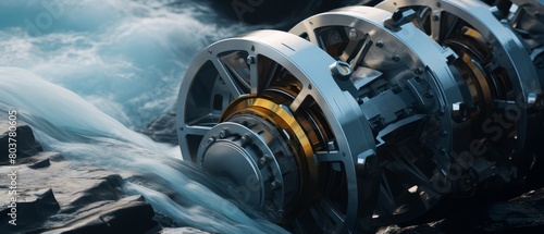 Close-up of mechanical parts of a tidal energy converter, focusing on the innovation and engineering in harnessing ocean power,
